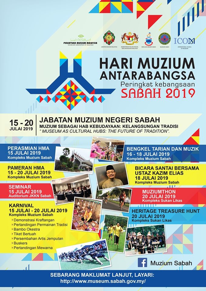 Poster aktiviti Hari Muzium Antarabangsa Peringkat Kebangsaan Negeri Sabah kali ke-23 bagi tahun 2019. 