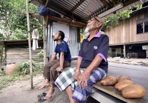 Muda (kanan) dan anaknya, Mohd Abu Hassan menunggu buah binjai gugur di kebunnya di Kampung Banggol Binjai, Kuala Nerus.