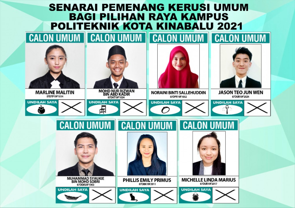 Senarai Pemenang Kerusi Umum Bagi Pilihan Raya Kampus Politeknik Kota Kinabalu.