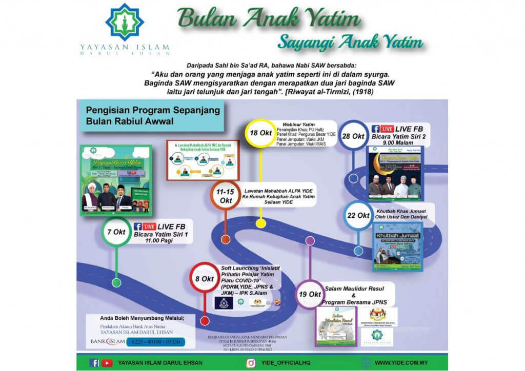 YIDE menganjurkan Bulan Anak Yatim bertemakan Sayangi Anak Yatim bermula 8 Oktober hingga 5 November ini.
